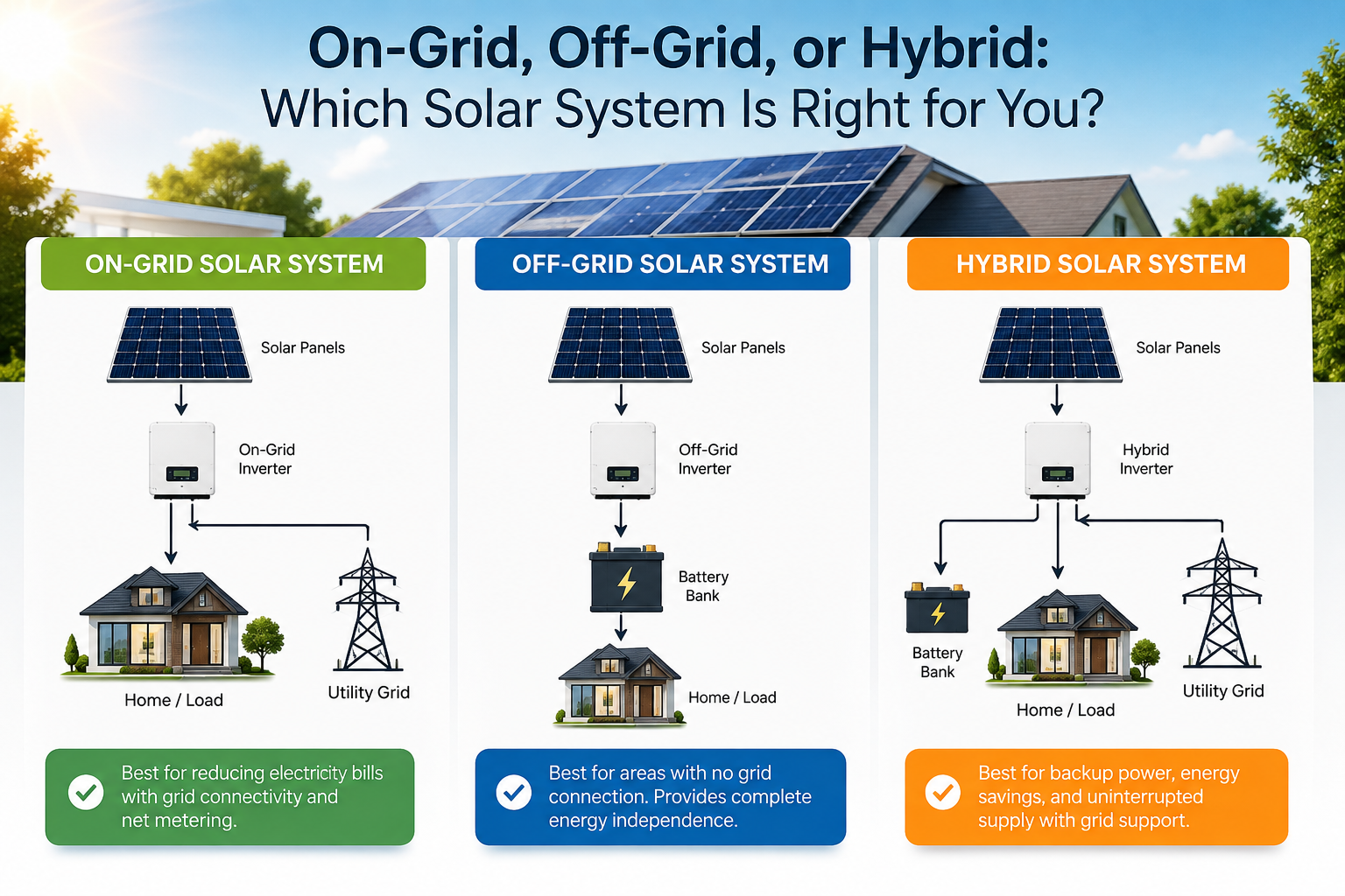 Comparison of on-grid, off-grid and hybrid solar systems